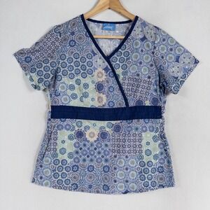 Élan by BARCO Scrub Top Womens S/M Blue Floral Embroidered Medical Pullover